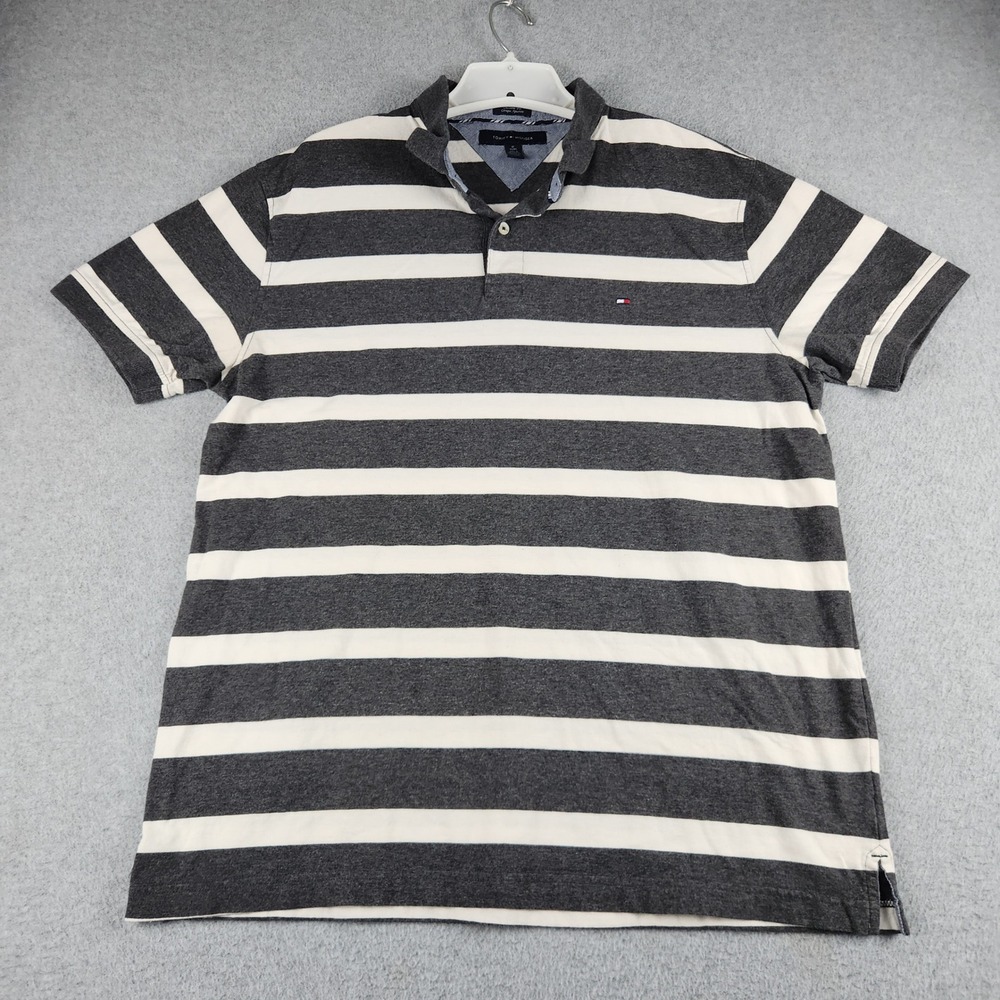 Tommy Hilfiger Polo Shirt Mens XL Gray White Striped Custom Fit Short Sleeve